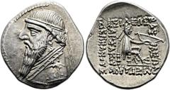 GRIECHEN PARTHER. ARSAKIDEN Mithradates II., 121 - 91 v. Chr. Drachme ø 21mm (4,19g). 109 - 96/5 v. Chr. Vs.: Drapierte Büste mit Diadem, Torques u. langem Bart n. l. Rs.: ΒΑΣΙΛΕΩΣ / ΒΑΣΙΛΕΩΝ / ΜΕΓΑΛΟ