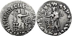 GRIECHEN INDO-SKYTHEN. KÖNIGREICH Azilises, ca. 70 - 60 v. Chr. Tetradrachme im indischen Standard ø 28mm (9,68g). Vs.: ΒΑΣΙΛΕΩΣ ΒΣΙΛΕΩΝ (sic!) ΜΕΓΑΛΟΥ / ΑΖΙΛΙΣΟΥ, thronende Göttin mit Mauerkrone u. K