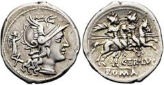 ROMER RÖMISCHE REPUBLIK. RÖMISCHE REPUBLIK NACH 211 V. CHR. Terentius Lucanus, 147 v. Chr. Denar ø 21mm (3,56g). Mzst. Rom. Vs.: Kopf der Roma mit Greifenkopfhelm n. r., l. wird sie von Viktoria bekrä