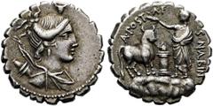 ROMER RÖMISCHE REPUBLIK. RÖMISCHE REPUBLIK NACH 211 V. CHR. A. Postumius Albinus, 81 v. Chr. Denar ø 18mm (3,98g). Mzst. Rom. Vs.: Drapierte Büste der Diana mit Bogen u. Köcher n. r., über dem Kopf Bu