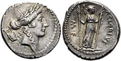 ROMER RÖMISCHE REPUBLIK. RÖMISCHE REPUBLIK NACH 211 V. CHR. P. Clodius, 42 v. Chr. Denar ø 18mm (4,17g). Mzst. Rom. Vs.: Kopf des Apoll mit Lorbeerkranz n. r., dahinter Lyra. Rs.: P CLODIVS / M F, Dia