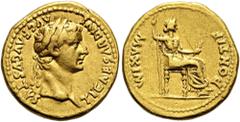 ROMER RÖMISCHE KAISERZEIT. Tiberius, 14 - 37 n. Chr. Aureus ø 19mm (7,68g). 14 - 17 n. Chr. Mzst. Lugdunum. Vs.: TI CAESAR DIVI AVG F AVGVSTVS, Kopf mit Lorbeerkranz n. r. Rs.: PONTIF MAXIM, Livia als