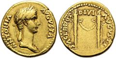 ROMER RÖMISCHE KAISERZEIT. Antonia minor, 36 v. Chr. - 37 n. Chr. Aureus ø 18mm (7,71g). Geprägt unter Claudius, 41 - 45 n. Chr. Mzst. Rom. Memorialprägung. Vs.: ANTONIA AVGVSTA, drapierte Büste der A