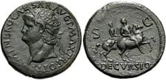 ROMER RÖMISCHE KAISERZEIT. Nero, 54 - 68 n. Chr. AE Sesterz ø 34mm (23,20g). 66 n. Chr. Mzst. Lugdunum. Vs.: IMP NERO CAESAR AVG PONT MAX TR POT P P, Kopf mit Lorbeerkranz u. Globus n. l. Rs.: DECVRSI