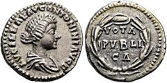 ROMER RÖMISCHE KAISERZEIT. Lucilla, 163 - 181 n. Chr. Denar ø 18mm (3,37g). 163 n. Chr. Mzst. Rom. Vs.: LVCILLAE AVG ANTONINI AVG F, drapierte Büste n. r. Rs.: VOTA / PVBLI/CA im Lorbeerkranz. RIC 791