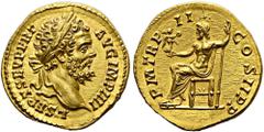 ROMER RÖMISCHE KAISERZEIT. Septimius Severus, 193 - 211 n. Chr. Aureus (7,27g). 194 n.Chr. Mzst. Rom. Vs.: L SEPT SEV PERT AVG IMP IIII, Kopf mit Lorbeerkanz n. r. Rs.: P M TR P II COS II P P, Jupiter