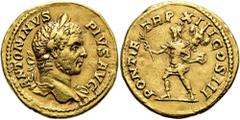 ROMER RÖMISCHE KAISERZEIT. Caracalla, 197 - 217 n. Chr. Aureus ø 20mm (7,09g). 210 n. Chr. Mzst. Rom. Vs.: ANTONINVS PIVS AVG, Büste mit Lorbeerkranz u. Gewand auf l. Schulter n. r. Rs.: PONTIF TR P X