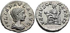 ROMER RÖMISCHE KAISERZEIT. Iulia Paula, 220 n. Chr. Denar ø 19mm (3,11g). 220 n. Chr. Mzst. Rom. Vs.: IVLIA PAVLA AVG, drapierte Büste n. r. Rs.: VENVS GE-NETRIX, Venus mit Apfel u. Zepter sitzt n. l.
