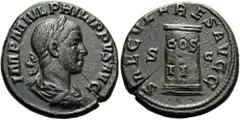 ROMER RÖMISCHE KAISERZEIT. Philipp II., 247 - 249 n. Chr. AE As ø 26mm (9,14g). 248 n. Chr. Mzst. Rom. Vs.: IMP M IVL PHILIPPVS AVG, drapierte Panzerbüste mit Lorbeerkranz n. r. Rs.: SAECVLARES AVGG /