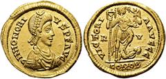 ROMER RÖMISCHE KAISERZEIT. Honorius, 393 - 423 n. Chr. Solidus ø 22mm (4,20g). 402 - 406 n. Chr. Mzst. Ravenna. Vs.: D N HONORI- VS P F AVG, drapierte Panzerbüste mit Perlendiadem n. r. Rs.: VICTORI-A