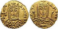 BYZANZ Eirene, 797 - 802 n. Chr. Solidus ø 18mm (3,76g). Mzst. Syrakus. Vs.: AΓOVST', Büste der Eirene mit Loros, Kreuzkrone u. Kreuzzepter. Rs.: IRENA AΓOVST, Büste der thronenden Eirene mit Chlamys,