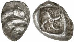 GRIECHEN . LYKIEN Thibanuwa Stater (9,71g). Mzst. ca. 480/460 v. Chr. Vs.: Zwei übereinander springende Delfine, darunter Auge. Rs.: Quadratisches Incusum mit Perlrahmen, darin "thiba" und Tetraskeles