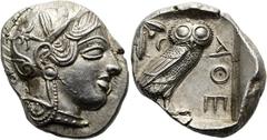 GRIECHEN ATTIKA. ATHEN Tetradrachme ø 28mm (17,19g). 454 - 404 v. Chr. Vs.: Kopf der Athena mit attischem Helm n. r. Rs.: ΑΘΕ, Eule n. r., dahinter Olivenzweig u. Mondsichel, alles im Quadratum incusu