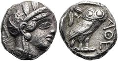 GRIECHEN ATTIKA. ATHEN Tetradrachme ø 23mm (16,65g). 454 - 404 v. Chr. Vs.: Kopf der Athena mit attischem Helm n. r. Rs.: ΑΘΕ, Eule n. r., dahinter Olivenzweig u. Mondsichel, alles im Quadratum incusu
