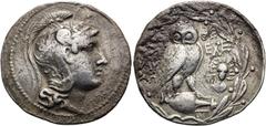 GRIECHEN ATTIKA. ATHEN Tetradrachme des Neuen Stils ø 34mm (16,53g). 138 - 137 v. Chr. Magistrate Glau... u. Eche... Vs.: Kopf der Athena mit attischem Helm, verziert mit Pegasos u. vier Pferdeprotome