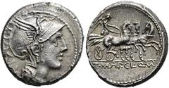 RÖMER RÖMISCHE REPUBLIK. RÖMISCHE REPUBLIK NACH 211 V. CHR. Ap. Claudius Pulcher, T. Maloleius und Q. Urbinius, 111 oder 110 v. Chr. Denar ø 19mm (3,88g). Mzst. Rom. Vs.: Kopf der Roma mit geflügeltem