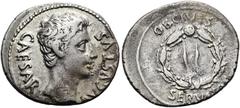 RÖMER RÖMISCHE KAISERZEIT. Augustus, 27 v. Chr. - 14 n. Chr. Denar ø 21mm (3,74g). 19 - 18 v. Chr. Mzst. Colonia Patricia. Vs.: CAESAR AVGVSTVS, Kopf n. r. Rs.: OB CIVIS / SERV[ATOS], Corona civica mi