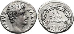 RÖMER RÖMISCHE KAISERZEIT. Augustus, 27 v. Chr. - 14 n. Chr. Denar ø 18mm (3,84g). 19 v. Chr. Mzst. Colonia Patricia. Vs.: CAESAR AVGVSTVS, Kopf n. r. Rs.: OB / CIVIS / SERVATOS im Eichenlaubkranz. RI