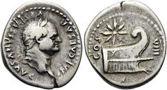 RÖMER RÖMISCHE KAISERZEIT. Vespasian, 69 - 79 n. Chr. Denar ø 20mm (3,19g). 77 - 78 n. Chr. Mzst. Rom. Vs.: IMP CAESAR VESPASIANVS AVG, Kopf mit Lorbeerkranz n. r. Rs.: COS VIII, Prora n. r., darüber 