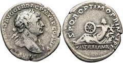 RÖMER RÖMISCHE KAISERZEIT. Trajan, 98 - 117 n. Chr. Denar ø 20mm (2,91g). 112 - 114 n. Chr. Mzst. Rom. Vs.: IMP [TRAIA]NO AVG GER DAC P M TR P COS VI P P, Büste mit Lorbeerkranz u. Gewand auf l. Schul