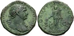 RÖMER RÖMISCHE KAISERZEIT. Trajan, 98 - 117 n. Chr. AE Sesterz ø 33mm (27,07g). 112 - 114 n. Chr. Mzst. Rom. Vs.: IMP CAES NERVAE TRAIANO AVG GER DAC P M TR P COS VI P P, drapierte Büste mit Lorbeerkr