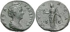 RÖMER RÖMISCHE KAISERZEIT. Faustina maior, 138 - 140 n. Chr. AE Sesterz ø 33mm (28,86g). Geprägt unter Antoninus Pius, 141 n. Chr. Mzst. Rom. Vs.: DIVA FAVSTINA, drapierte Büste n. r. Rs.: AVG-V-STA /