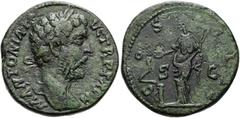 RÖMER RÖMISCHE KAISERZEIT. Marcus Aurelius, 161 - 180 n. Chr. AE Sesterz ø 30mm (18,40g). 180 n. Chr. oder etwas später. Mzst. Vindobona? Vs.: M ANTONINVS [A]VG TR P XXVII, drapierte Büste mit Lorbeer