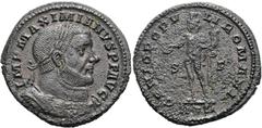 RÖMER RÖMISCHE KAISERZEIT. Maximianus Herculius, 285 - 310 n. Chr. AE Billon- Nummus ø 28mm (8,59g). Vs.: IMP MAXIMIANVS P F AVG, drapierte Panzerkrone mit Lorbeerkranz n. r. Rs.: GENIO POPV-LI ROMANI