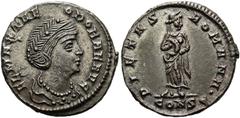 RÖMER RÖMISCHE KAISERZEIT. Theodora, Ehefrau des Constantius I. Chlorus. AE Follis ø 16mm (1,79g). Posthum, 337 - 340 n. Chr. Mzst. Konstantinopel. Vs.: FL MAX THE-ODORAE AVG, drapierte Büste n. r. Rs