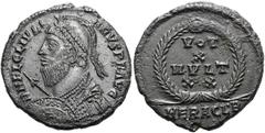 RÖMER RÖMISCHE KAISERZEIT. Julian II., 360 - 363 n. Chr. AE Centenionalis ø 20mm (2,86g). Mzst. Herakleia. Vs.: D N FL CL IVLI-ANVS P F AVG, Panzerbüste mit Helm, Perlendiadem, Speer u. Schild n. l. R