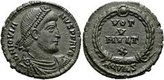 RÖMER RÖMISCHE KAISERZEIT. Jovianus, 363 - 364 n. Chr. AE Follis ø 20mm (3,11g). Mzst. Aquileia. Vs.: D N IOVIA-NVS P F AVG, drapierte Panzerbüste mit Perlendiadem n. r. Rs.: Im Kranz VOT / V / MVLT /