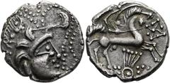 KELTEN GALLIEN. ARMORICA. Abrincatui? Billon-Stater ø 19mm (6.38g). 80 - 50 v. Chr. Vs.: Stilisierter menschlicher Kopf n. r. umgeben von Perlschnüren. Rs.: Stilisiertes Pferd mit Wagenlenker n. r., z