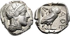GRIECHEN ATTIKA. ATHEN. Tetradrachme ø 26mm (17.19g). 454 - 404 v. Chr. Vs.: Kopf der Athena mit attischem Helm n. r. Rs.: ΑΘΕ, Eule n. r., dahinter Olivenzweig u. Mondsichel, alles im Quadratum incus