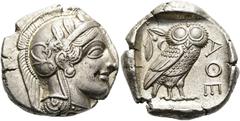 GRIECHEN ATTIKA. ATHEN. Tetradrachme ø 26mm (17.19g). 454 - 404 v. Chr. Vs.: Kopf der Athena mit attischem Helm n. r. Rs.: ΑΘΕ, Eule n. r., dahinter Olivenzweig u. Mondsichel, alles im Quadratum incus