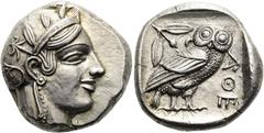 GRIECHEN ATTIKA. ATHEN. Tetradrachme ø 23mm (17.16g). 454 - 404 v. Chr. Vs.: Kopf der Athena mit attischem Helm n. r. Rs.: ΑΘΕ, Eule n. r., dahinter Olivenzweig u. Mondsichel, alles im Quadratum incus