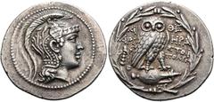 GRIECHEN ATTIKA. ATHEN. Tetradrachme des Neuen Stils ø 33mm (16.82g). Pyanepsion = Oktober/November 136 v. Chr. Vs.: Kopf der Athena mit attischem Helm verziert mit Pegasus u. vier Pferdeprotomen auf 
