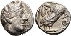 GRIECHEN ATTIKA. ATHEN Tetradrachme ø 24mm (17,00g). 454 - 404 v. Chr. Vs.: Kopf der Athena mit attischem Helm n. r. Rs.: ΑΘΕ, Eule n. r., dahinter Olivenzweig u. Mondsichel, alles im Quadratum incusu