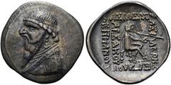 GRIECHEN PARTHER. ARSAKIDEN Mithradates II., 121 - 91 v. Chr. Drachme ø 22mm (4,00g). 111/10 - 100/99 v. Chr. Mzst. Rhagai. Vs.: Drapierte Büste mit Diadem, Torques u. langem Bart n. r. Rs.: ΒΑΣΙΛΕΩΣ 