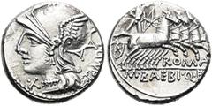 RÖMER RÖMISCHE REPUBLIK. RÖMISCHE REPUBLIK NACH 211 V. CHR. M. Baebius Tampilus, 137 v. Chr. Denar ø 20mm (3,83g). Mzst. Rom. Vs.: TAMPIL, Kopf der Roma mit Collier n. l., davor X. Rs.: ROMA / M BAEBI