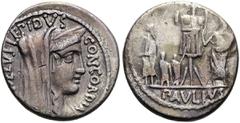 RÖMER RÖMISCHE REPUBLIK. RÖMISCHE REPUBLIK NACH 211 V. CHR. L. Aemilius Lepidus Paullus, 62 v. Chr. Denar ø 19mm (3,78g). Mzst. Rom. Vs.: [PAV]LLVS LEPIDVS / CONCORDIA, Kopf der Concordia capite velat