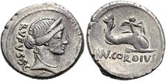 RÖMER RÖMISCHE REPUBLIK. RÖMISCHE REPUBLIK NACH 211 V. CHR. Mn. Cordius Rufus, 46 v. Chr. Denar ø 19mm (3,89g). Mzst. Rom. Vs.: RVFVS S C, Kopf der Venus mit Stephane n. r. Rs.: MN (in Ligatur) CORDIV