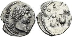 RÖMER RÖMISCHE KAISERZEIT. Hadrian, 117 - 138 n. Chr. Denar ø 19mm (3,23g). 125 - 128 n. Chr. Mzst. Rom. Vs.: HADRIANVS [AVGVSTVS], Büste mit Lorbeerkranz u. Gewand auf l. Schulter n. r. Rs.: COS III,
