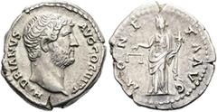 RÖMER RÖMISCHE KAISERZEIT. Hadrian, 117 - 138 n. Chr. Denar ø 19mm (3,10g). 136 n. Chr. Mzst. Rom. Vs.: HADRIANVS AVG COS III P P, Kopf n. r. Rs.: MONE-TA AVG, Moneta mit Waage u. Füllhorn. RIC II.3, 