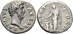 RÖMER RÖMISCHE KAISERZEIT. Aelius Caesar, 137 n. Chr. Denar ø 17mm (3,34g). Mzst. Rom. Vs.: L AELIVS CAESAR, Kopf n. r. Rs.: Salus mit Zepter n. l. Schlange über Rundaltar fütternd. RIC 434; C. 54. Fe