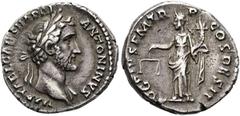 RÖMER RÖMISCHE KAISERZEIT. Antoninus Pius, 138 - 161 n. Chr. Denar ø 18mm (3,43g). 138 n. Chr. Mzst. Rom. Vs.: IMP T AEL CAES HADRI ANTONINVS, Büste mit Lorbeerkranz (sic!) u. Gewand auf l. Schulter n