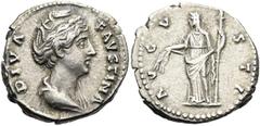 RÖMER RÖMISCHE KAISERZEIT. Diva Faustina maior, ab 140 n. Chr. Denar ø 19mm (3,19g). 141 n. Chr. Mzst. Rom. Vs.: DIVA FAVSTINA, drapierte Büste n. r. Rs.: AVGV-STA, Ceres capite velato mit Fackel u. K