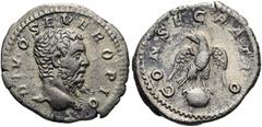 RÖMER RÖMISCHE KAISERZEIT. Divus Septimius Severus, ab 211 n. Chr. Denar ø 20mm (2,91g). Geprägt unter Caracalla, 211 n. Chr. Mzst. Rom. Vs.: DIVO SEVERO PIO, Kopf n. r. Rs.: CONSECRATIO, Adler auf Gl