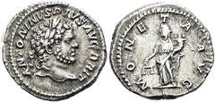 RÖMER RÖMISCHE KAISERZEIT. Caracalla, 197 - 217 n. Chr. Denar ø 19mm (3,45g). 213 n. Chr. Mzst. Rom. Vs.: ANTONINVS PIVS AVG BRIT, Kopf mit Lorbeerkranz n. r. Rs.: MONETA AVG, Moneta mit Waage u. Füll