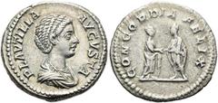 RÖMER RÖMISCHE KAISERZEIT. Plautilla, 202 - 205 n. Chr. Denar ø 19mm (3,42g). 202 n. Chr. Mzst. Rom. Vs.: PLAVTILLA AVGVSTA, drapierte Büste n. r. Rs.: CONCORDIA FELIX, Plautilla u. Caracalla bei dext