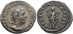 RÖMER RÖMISCHE KAISERZEIT. Macrinus, 217 - 218 n. Chr. Denar ø 20mm (2,50g). Mzst. Rom. Vs.: IMP C M OPEL SEV MACRINVS AVG, drapierte Panzerbüste mit Lorbeerkranz n. r. Rs.: FELICITAS TEMPORVM, Felici